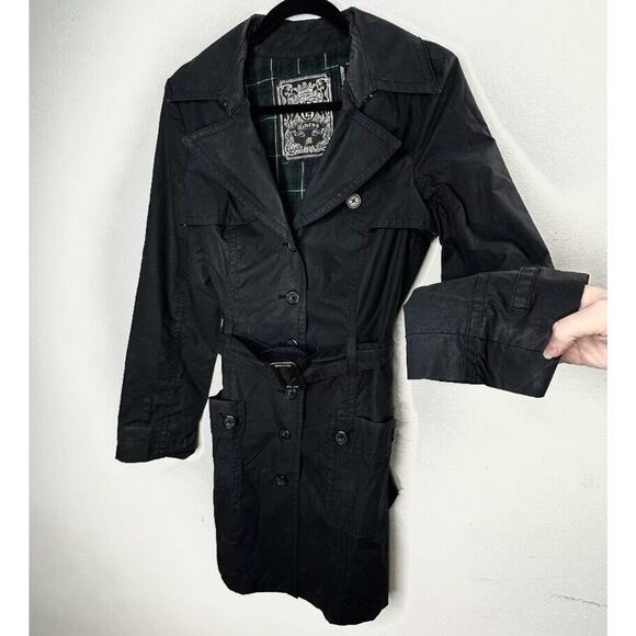 Guess Black Button Down Belted Trench Coat Navy and Green Plaid Interior M - Picture 1 of 13
